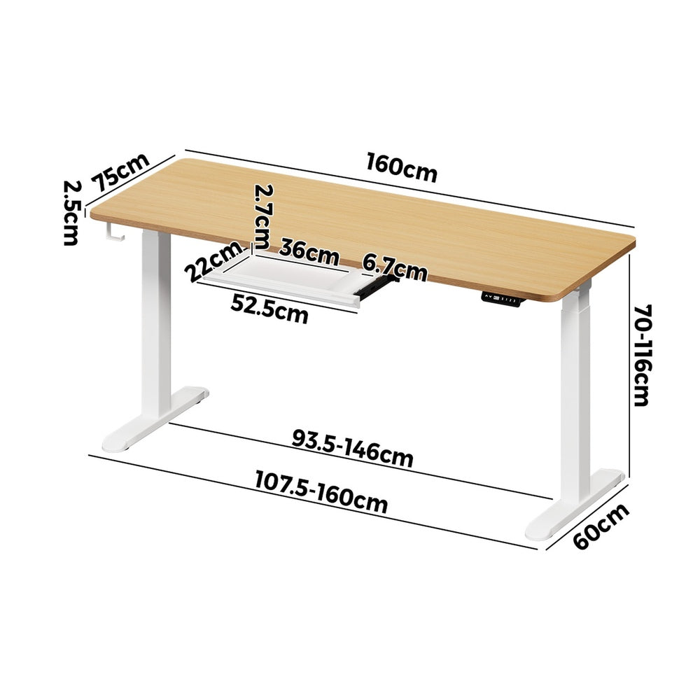 Oikiture 160cm Electric Standing Desk with Drawer Adjustable White Oak