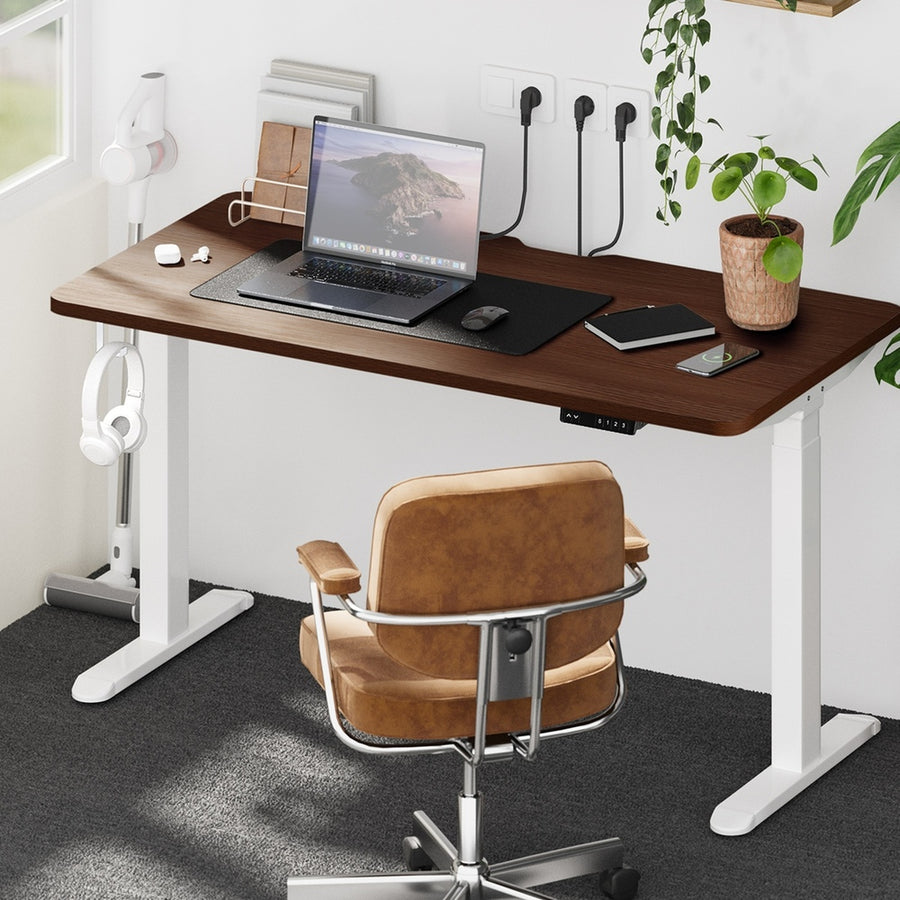 Oikiture Standing Desk Charging Dual Motor 140cm White & Walnut