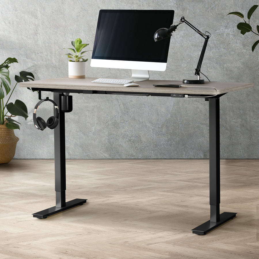 Oikiture 140CM Electric Standing Desk Adjustable Black&Grey-Oak, Electric