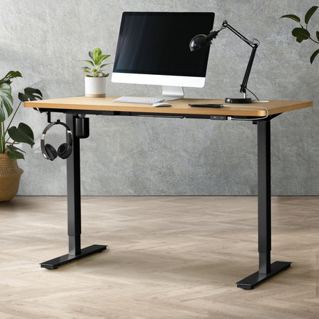 Oikiture Electric Standing Desk Single Motor Black & Oak 140cm