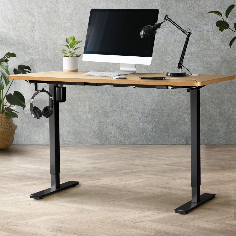 Oikiture Electric Standing Desk Single Motor Black&Oak 150cm