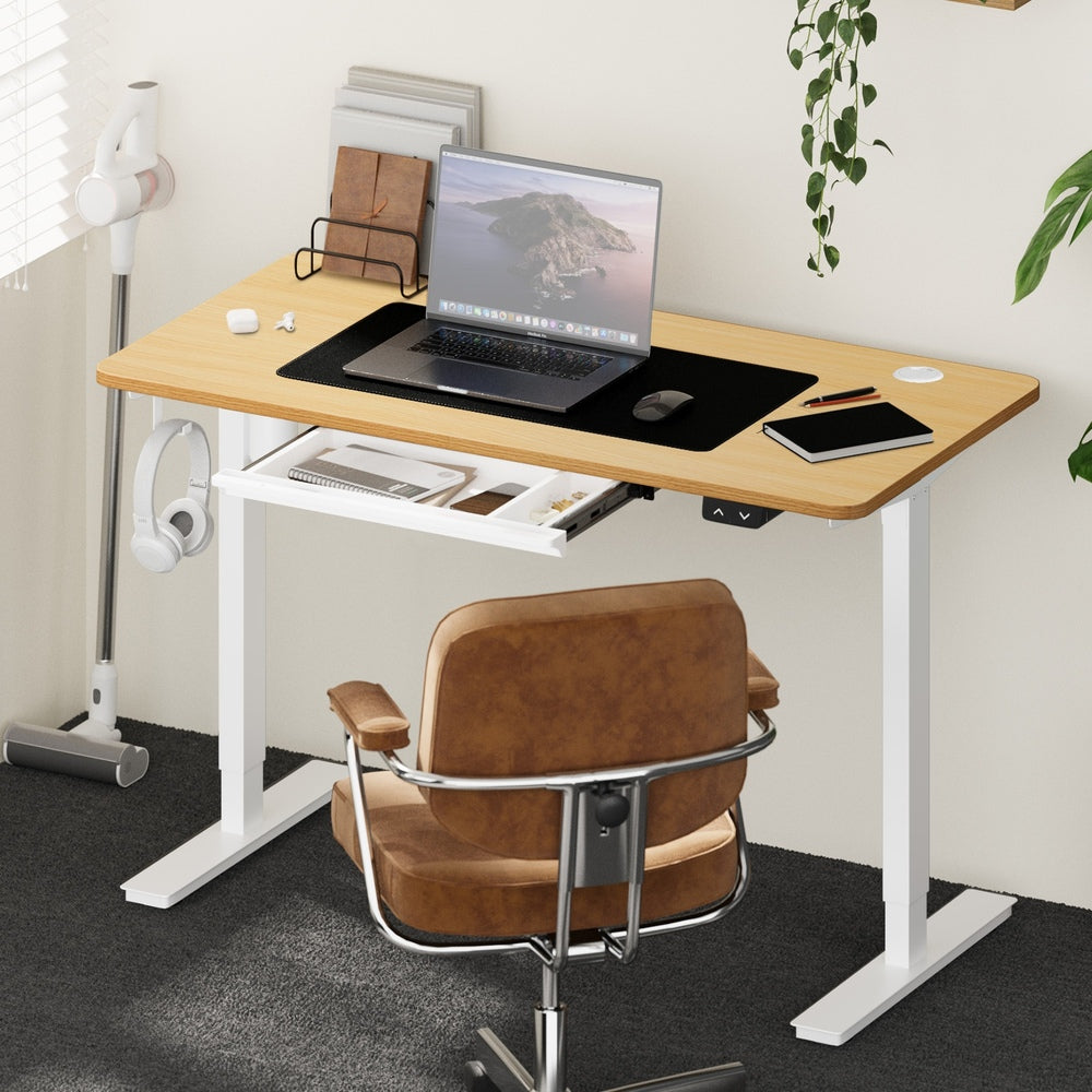 Oikiture 140cm Electric Standing Desk with Drawer Adjustable White & Oak