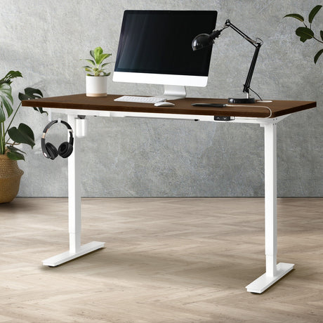 Oikiture Electric Standing Desk Single Motor White & Walnut 140cm
