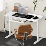 Oikiture 150cm Electric Standing Desk with Drawer Adjustable White - Low Angle