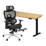 Oikiture Office Desk and Chair Set Mesh Ergonomic Chair Sit-stand Desk Black&Oak - Low Angle