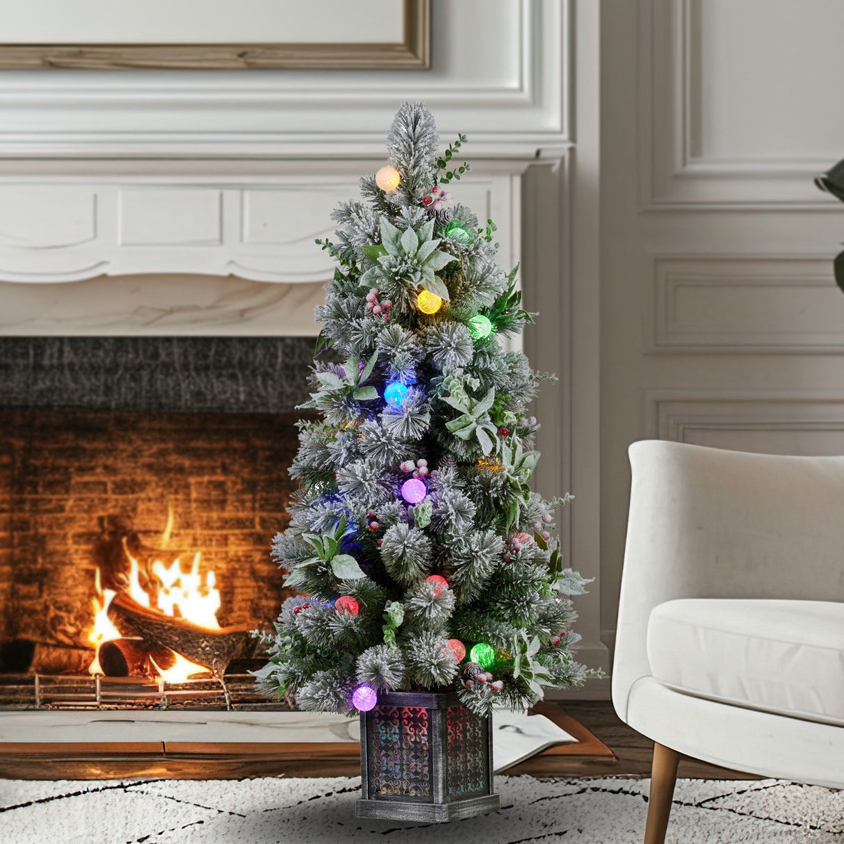 Christabelle Snowy Crown Pine Potted Christmas Tree 1.2m Multicolour Pre-Lit with Snowball Ligh