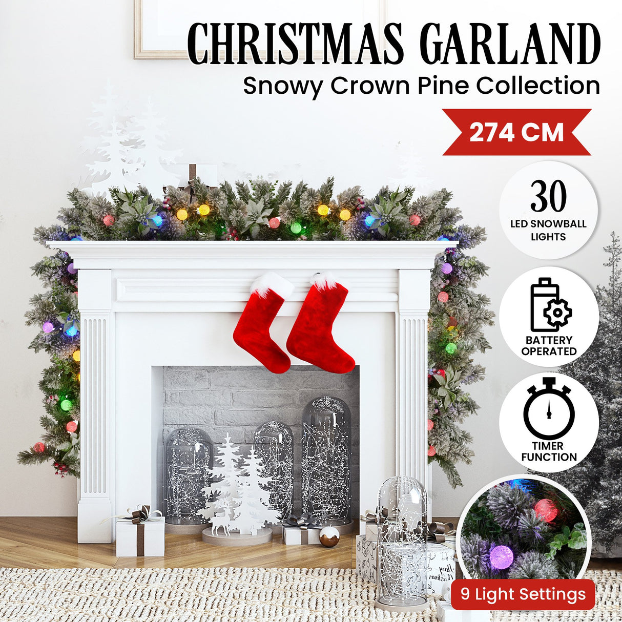 Christabelle 274cm Snowy Crown Pine Pre-Lit Multicolour Christmas Garland