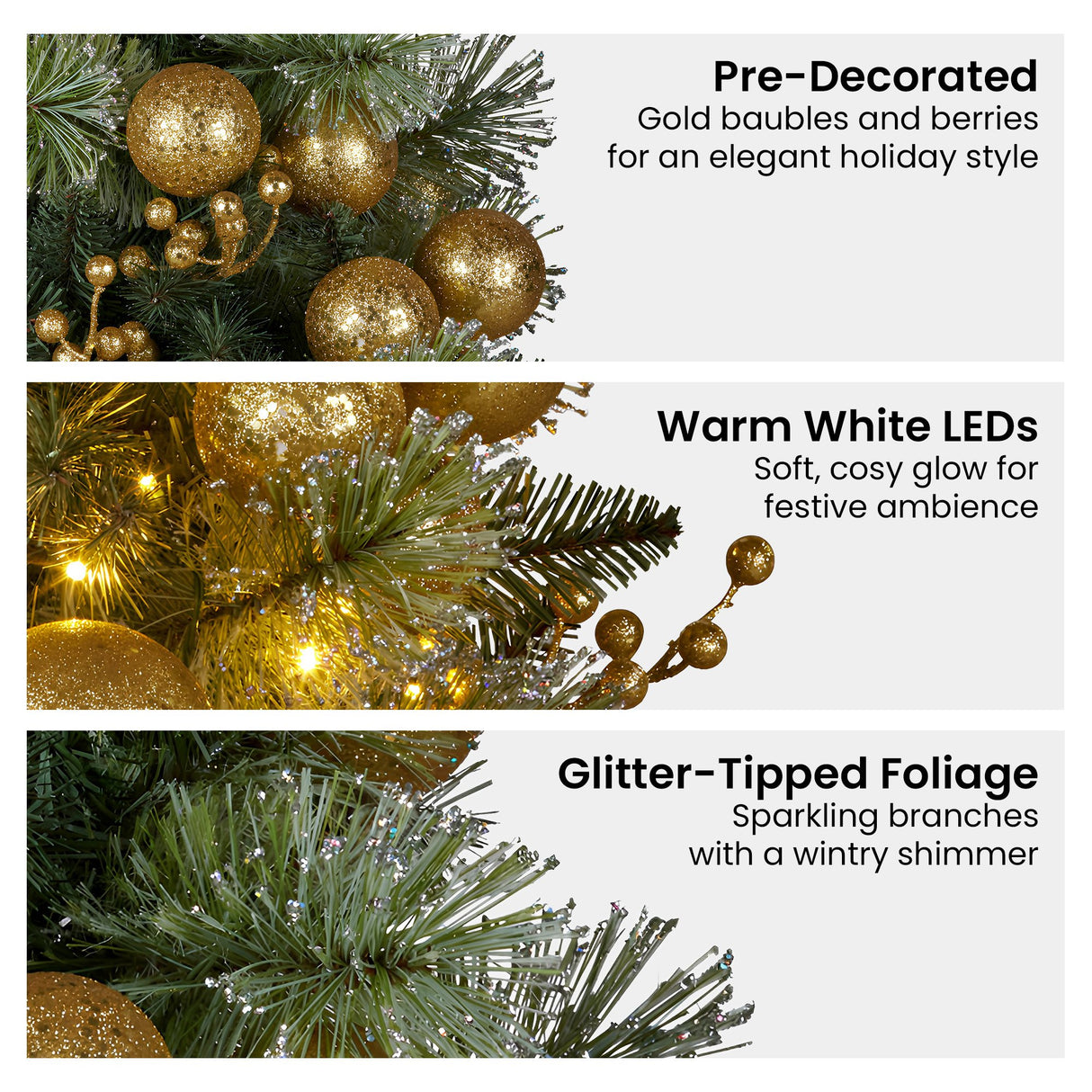 Christabelle 274cm Pre-Lit Christmas Garland Gold Baubles Battery-Operated Warm White LED Light