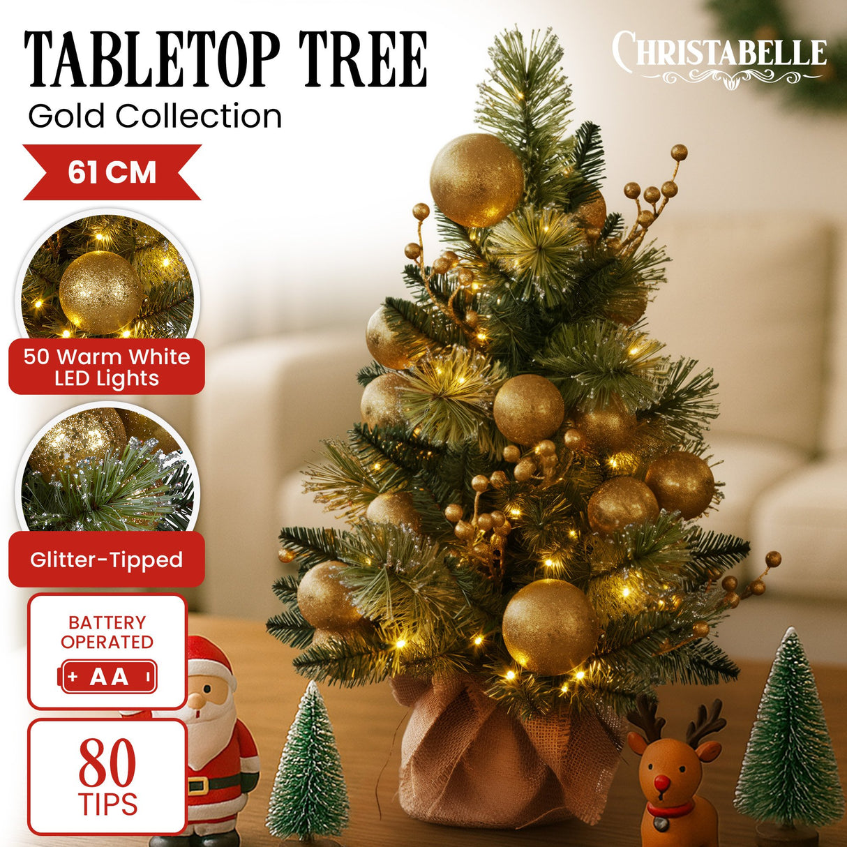 Christabelle 61cm Battery-Operated Christmas Tree Warm Lights LED Table Top Gold