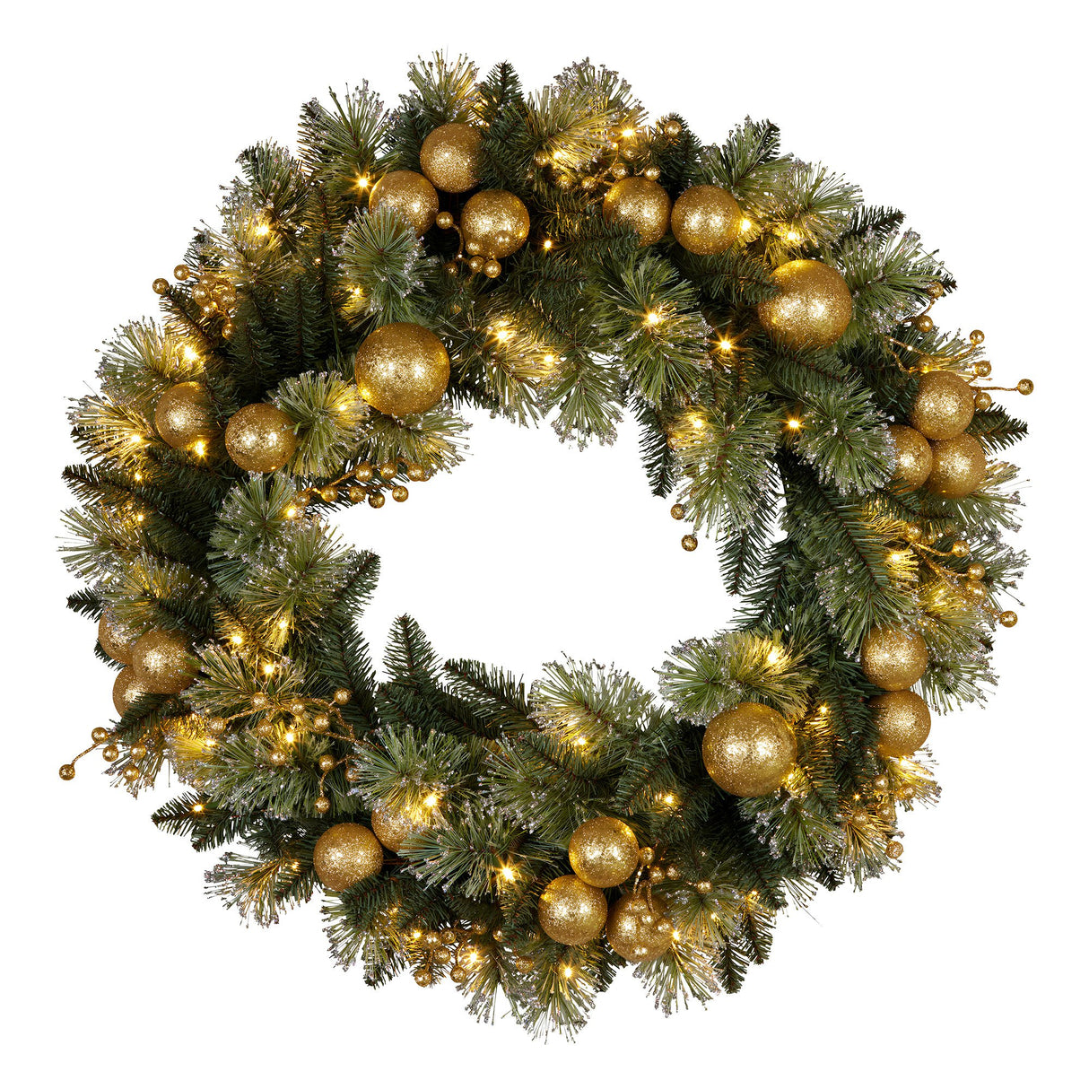 Christabelle 61cm Christmas Wreath Battery-Operated Warm White Lights Gold Baubles Xmas Decor