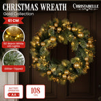 Christabelle 61cm Battery-Operated Christmas Wreath Glittery Gold Pine