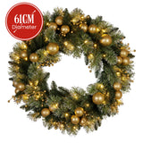 Christabelle 61cm Christmas Wreath Battery-Operated Warm White Lights Gold Baubles Xmas Decor