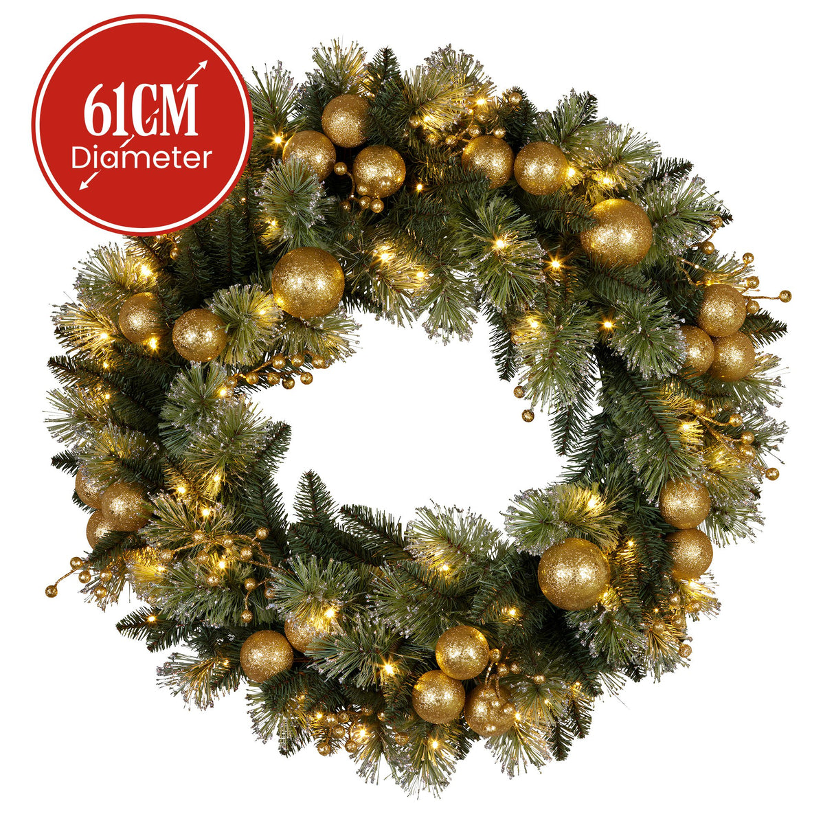 Christabelle 61cm Christmas Wreath Battery-Operated Warm White Lights Gold Baubles Xmas Decor