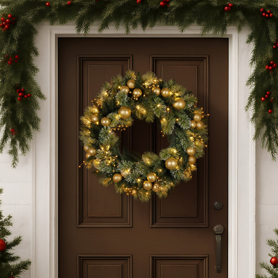 Christabelle 61cm Battery-Operated Christmas Wreath Glittery Gold Pine