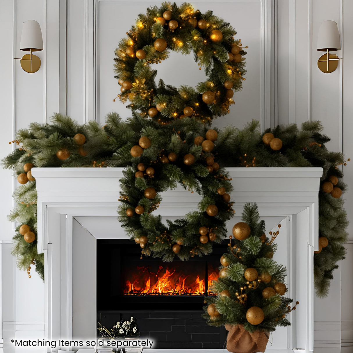 Christabelle 61cm Christmas Wreath Battery-Operated Warm White Lights Gold Baubles Xmas Decor