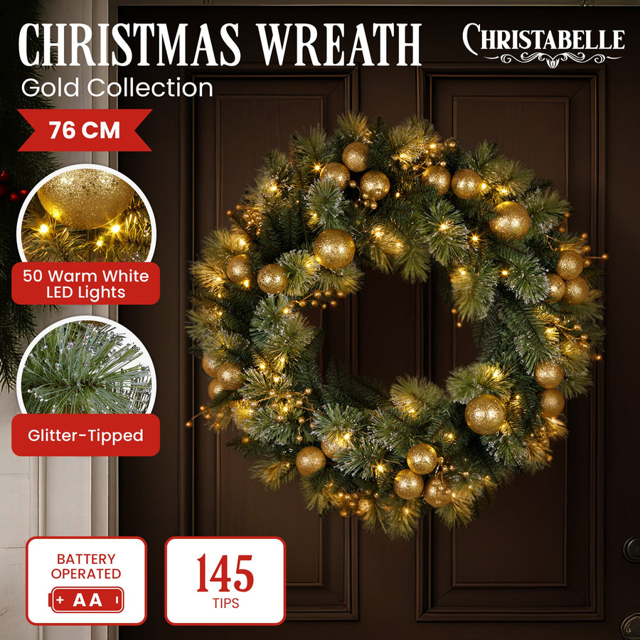 Christabelle 76cm Christmas Wreath Battery-Operated Warm White Lights Xmas Decor