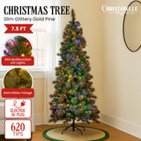 Christabelle 7.5ft Christmas Tree Slim Glittery Gold Pine LED Lights Xmas Decor - Front View