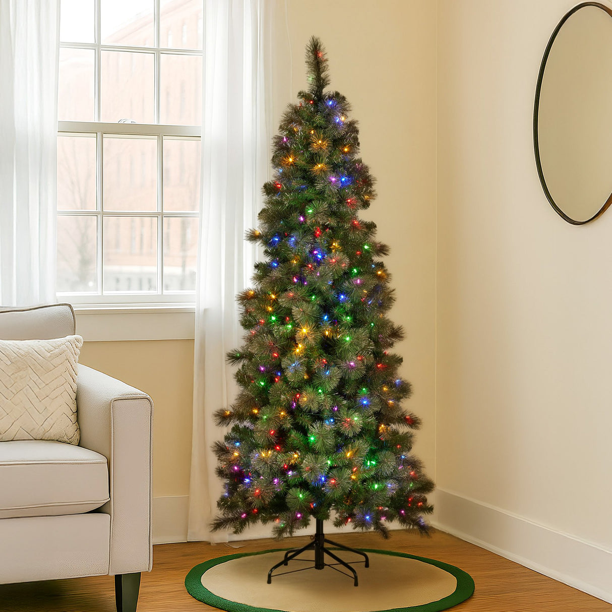 Christabelle 7.5ft Christmas Tree Slim Glittery Gold Pine LED Lights Xmas Decor