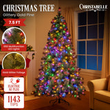 Christabelle 7.5ft Christmas Tree Glittery Gold Pine 650 LED Multi-functional Lights Xmas Decor - Front View