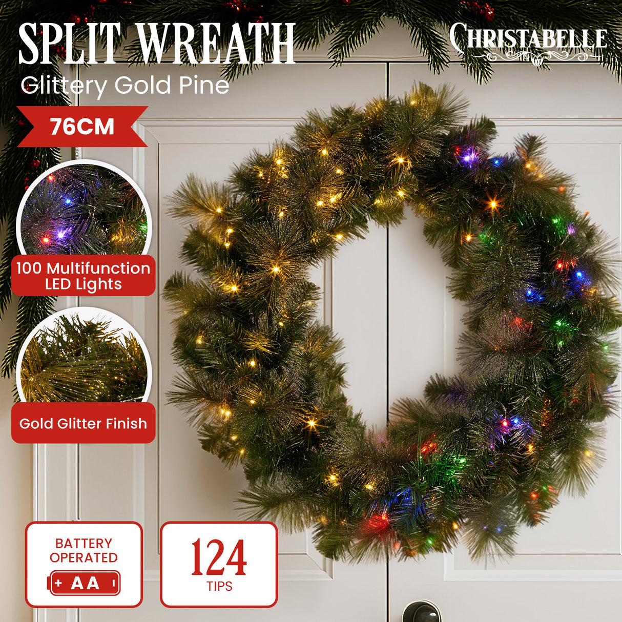 Christabelle 76cm Battery-Operated Split Christmas Wreath Glittery Gold Pine