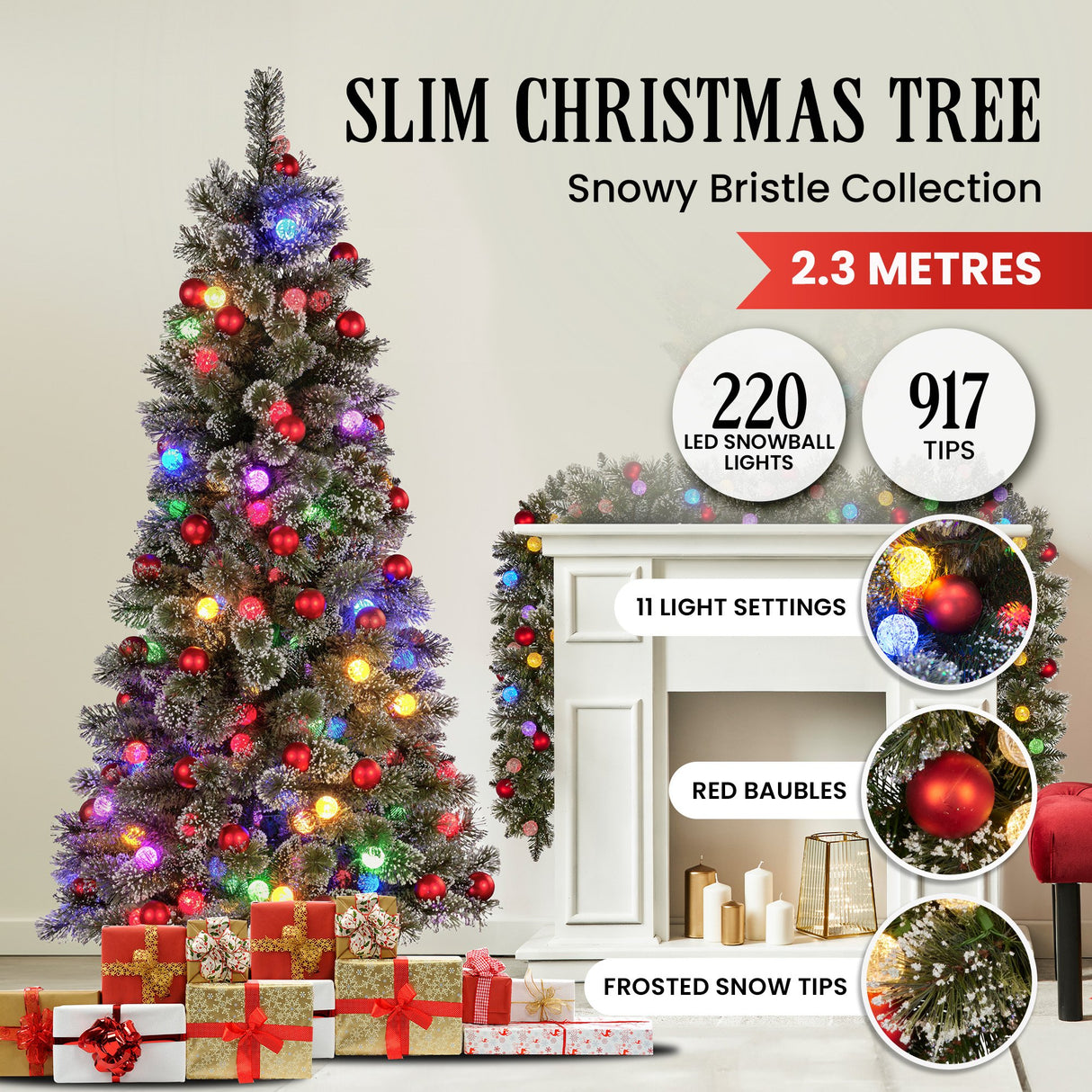 Christabelle Snowy Bristle 2.3m Slim Multicolour Pre-Lit Christmas Tree with 917 Tips