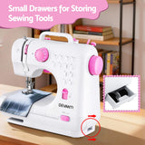 Devanti 12 Stitches Mini Sewing Machine for Beginners Portable Sewing Machine Kit with LED Lights - Low Angle