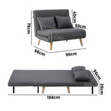 Oikiture Lounge Sofa Bed Linen Fabric Double Seat Grey