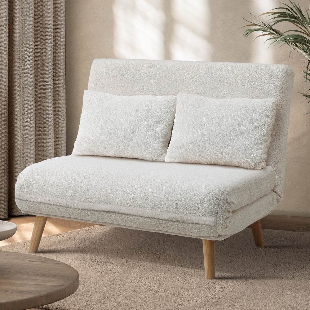 Oikiture Lounge Sofa Bed Sherpa Fabric Double Seat White