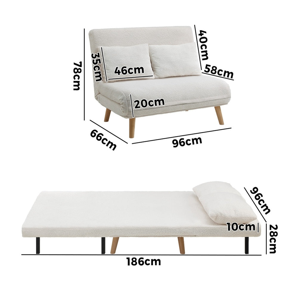 Oikiture Lounge Sofa Bed Sherpa Fabric Double Seat White