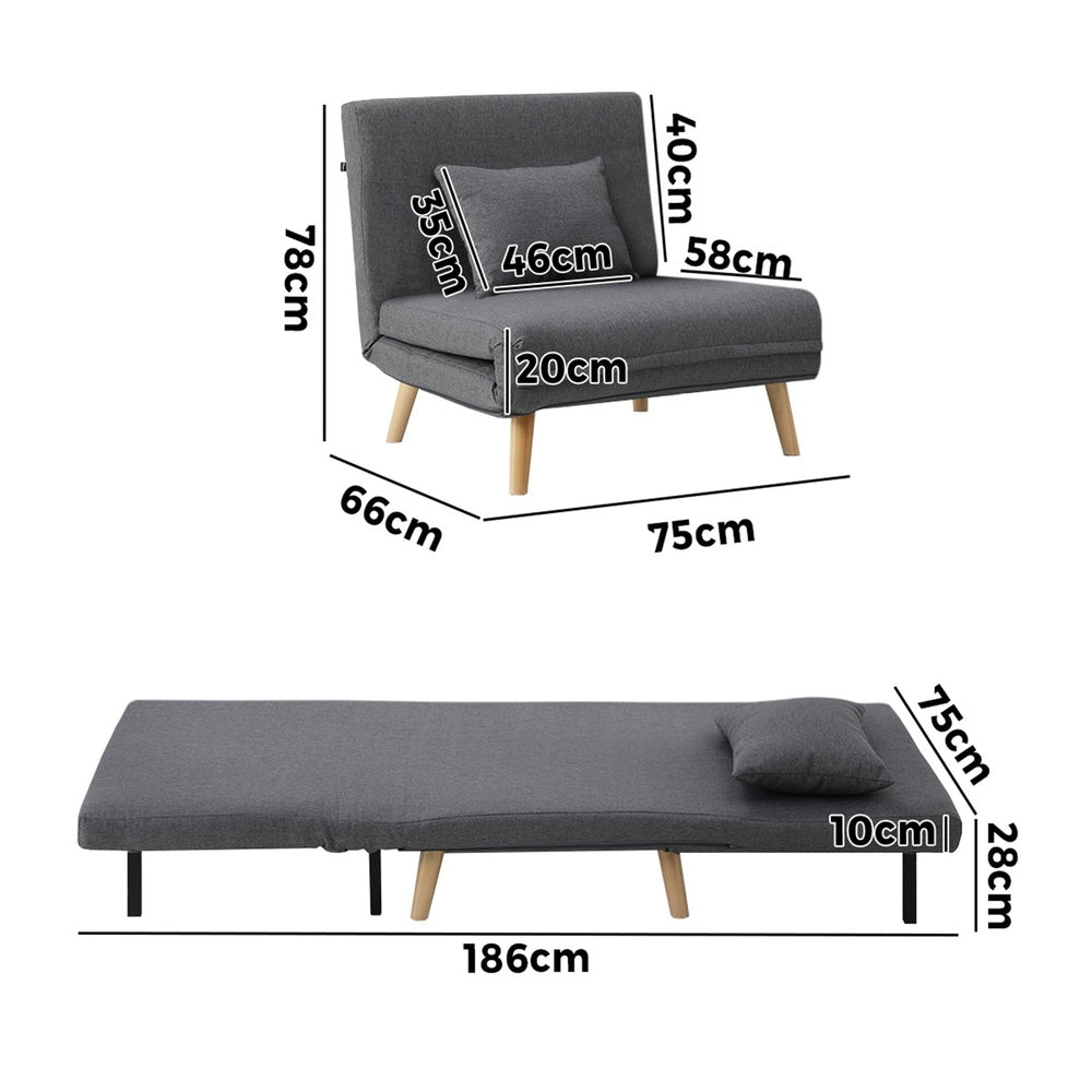Oikiture Lounge Sofa Bed Linen Fabric Single Seat Grey