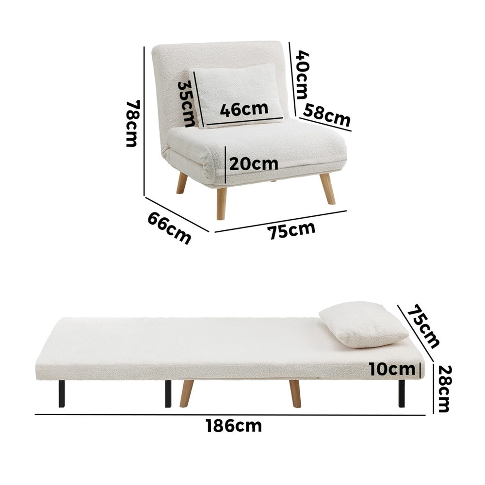 Oikiture Lounge Sofa Bed Sherpa Fabric Single Seat White
