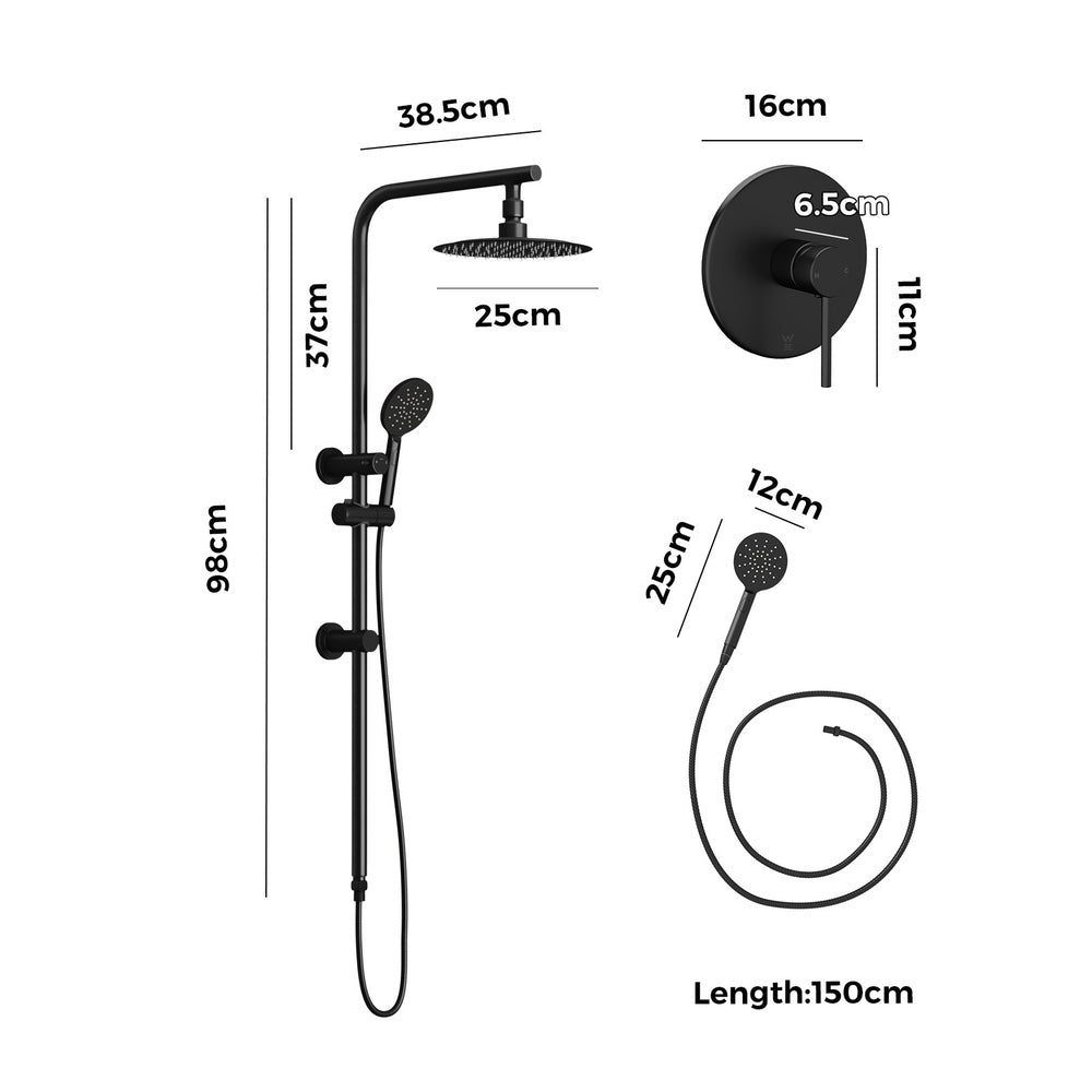 Welba 10" Rain Shower Head Set with Shower Mixer Round Black