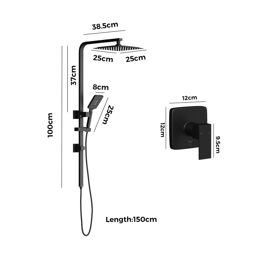 Welba 10" Rain Shower Head Set with Shower Mixer Square Black