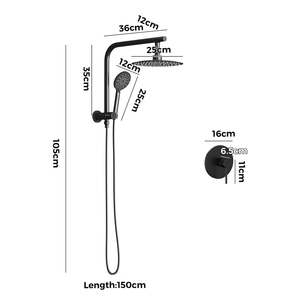 Welba 10" Rain Shower Head Set with Mixer Round 3-Mode Black