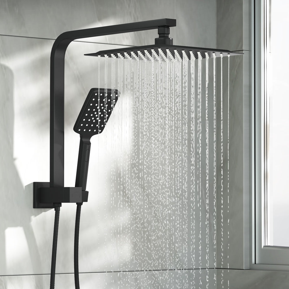 Welba 10" Rain Shower Head Set Square 3-Mode Gooseneck Black