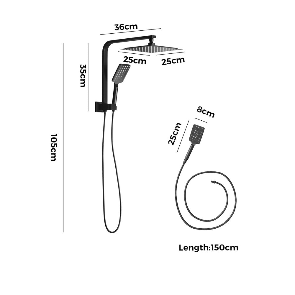 Welba 10" Rain Shower Head Set Square 3-Mode Gooseneck Black