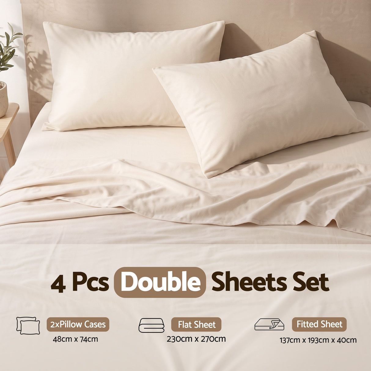Giselle Double Sheet Set 150 GSM Anti-pilling Micro Flannel, Fast Drying Lightweight 4 Piece, 40CM Deep Pocket Fits Thick Mattress, Cream White