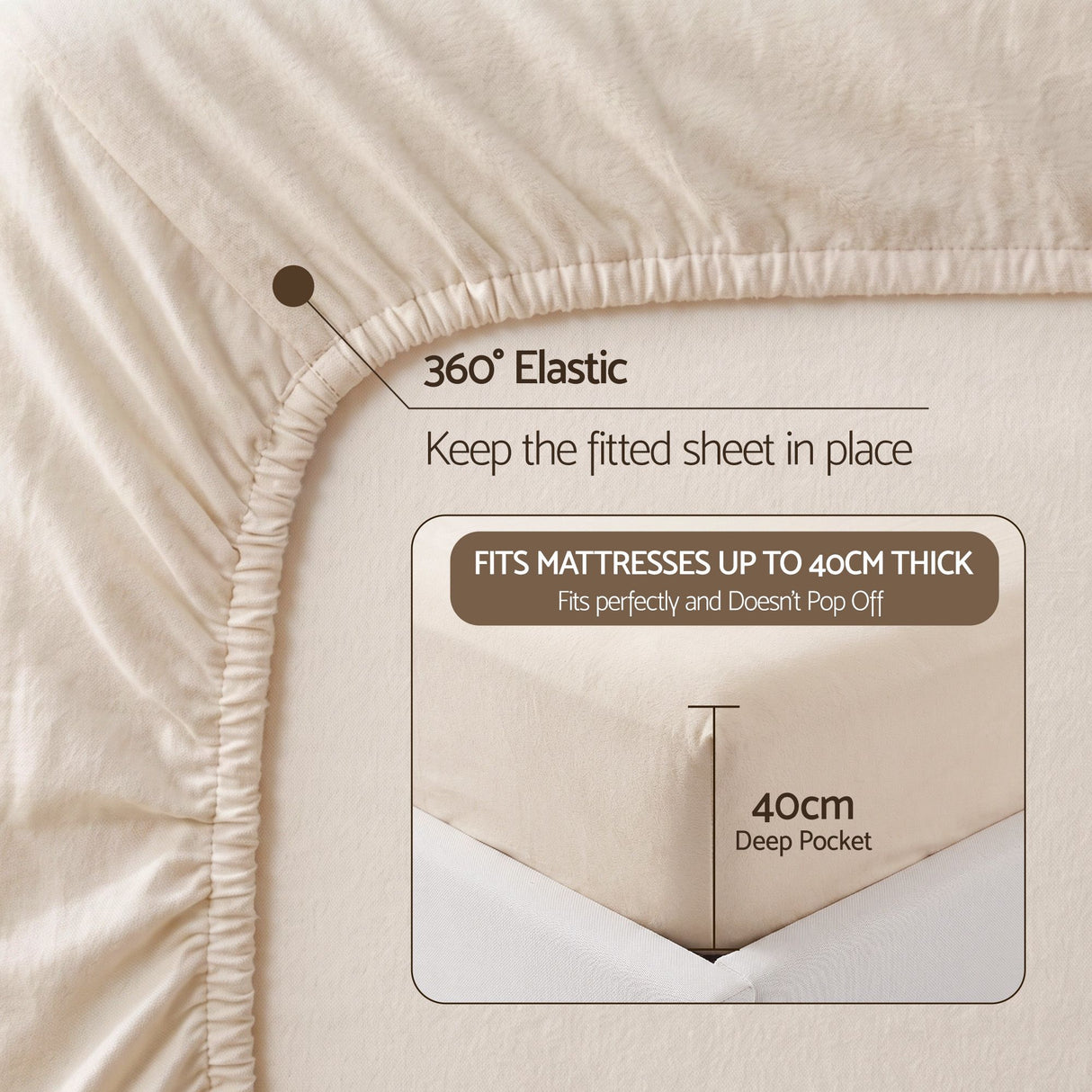 Giselle Double Sheet Set 150 GSM Anti-pilling Micro Flannel, Fast Drying Lightweight 4 Piece, 40CM Deep Pocket Fits Thick Mattress, Cream White