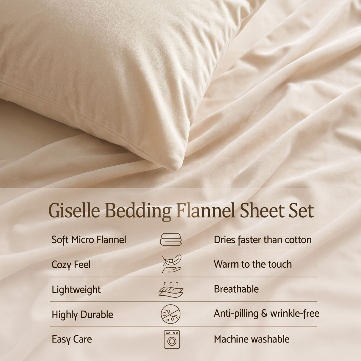 Giselle Double Sheet Set 150 GSM Anti-pilling Micro Flannel, Fast Drying Lightweight 4 Piece, 40CM Deep Pocket Fits Thick Mattress, Cream White