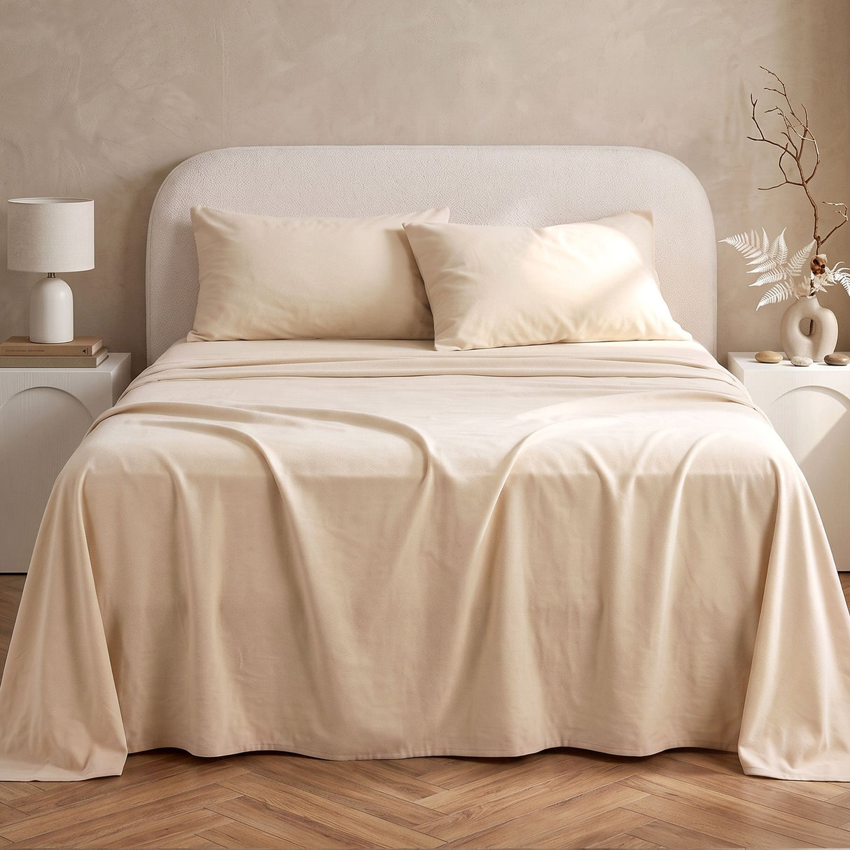 Giselle Double Sheet Set 150 GSM Anti-pilling Micro Flannel, Fast Drying Lightweight 4 Piece, 40CM Deep Pocket Fits Thick Mattress, Cream White