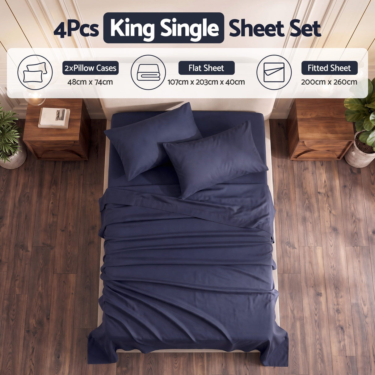 Giselle Kingsingle 500TC Cotton 4Pcs Sheet Set with 40cm Extra Deep Pocket for Thick Mattresses Sateen Weave for Sweaty Nights Navy Blue