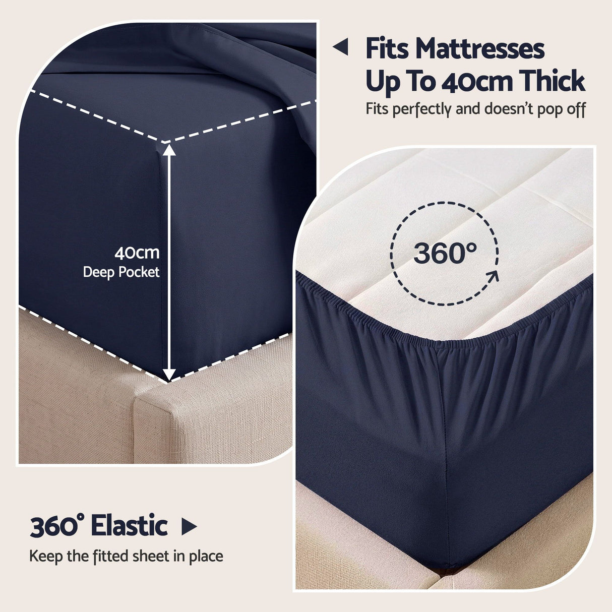 Giselle Kingsingle 500TC Cotton 4Pcs Sheet Set with 40cm Extra Deep Pocket for Thick Mattresses Sateen Weave for Sweaty Nights Navy Blue