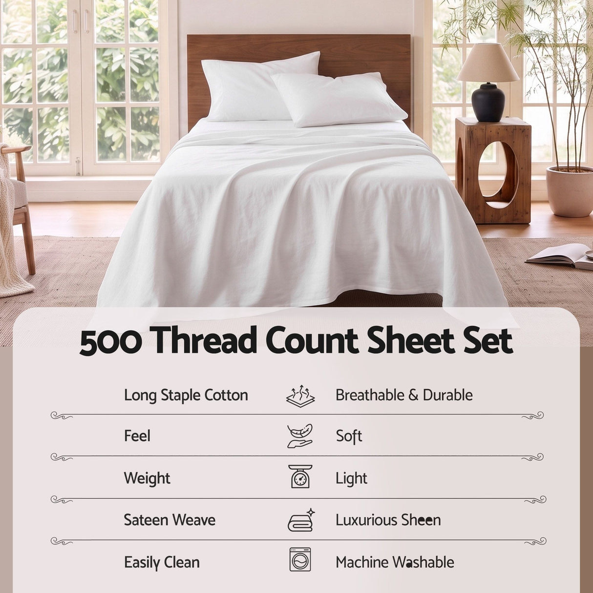 Giselle Single 500TC Cotton 4Pcs Sheet Set with 40cm Extra Deep Pocket for Thick Mattresses Sateen Weave for Sweaty Nights White