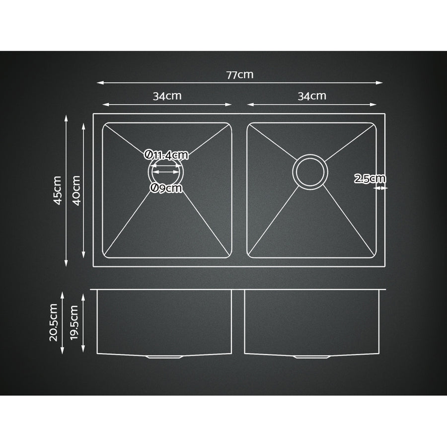 Cefito double bowl 77x45cm stainless steel kitchen sink, silver, satin coated stainless steel finish