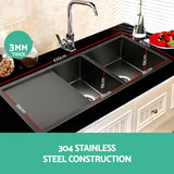 Cefito Kitchen Sink 100X45CM Stainless Steel Basin Double Bowl Black - Side View