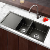 Cefito Kitchen Sink 100X45CM Stainless Steel Basin Double Bowl Black - Close-Up Angle