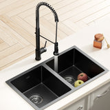 Cefito Stainless Steel Sink 77x45CM With Pull Out Mixer Tap Kitchen Double Bowl Black - Close-Up Angle