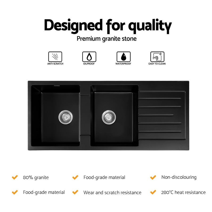 Cefito Kitchen Sink 116x50cm Granite Stone Sink Double Bowl Black