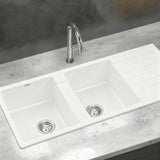 Cefito Kitchen Sink 116x50cm Granite Stone Sink Double Bowl White - Close-Up Angle