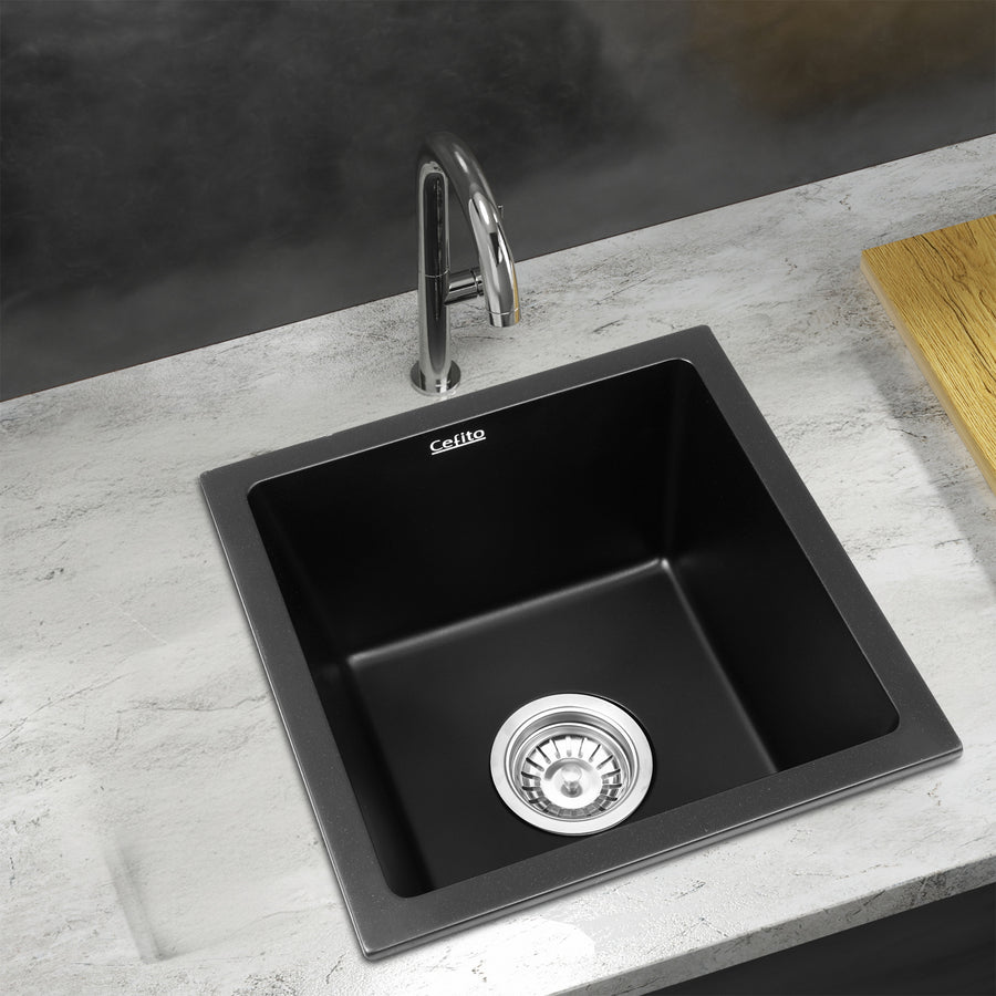 Cefito Kitchen Sink 38x38cm Granite Stone Sink Single Bowl Black